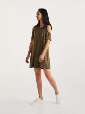 Pull & Bear Womens XS Cold Shoulder Dress Army Green Summer